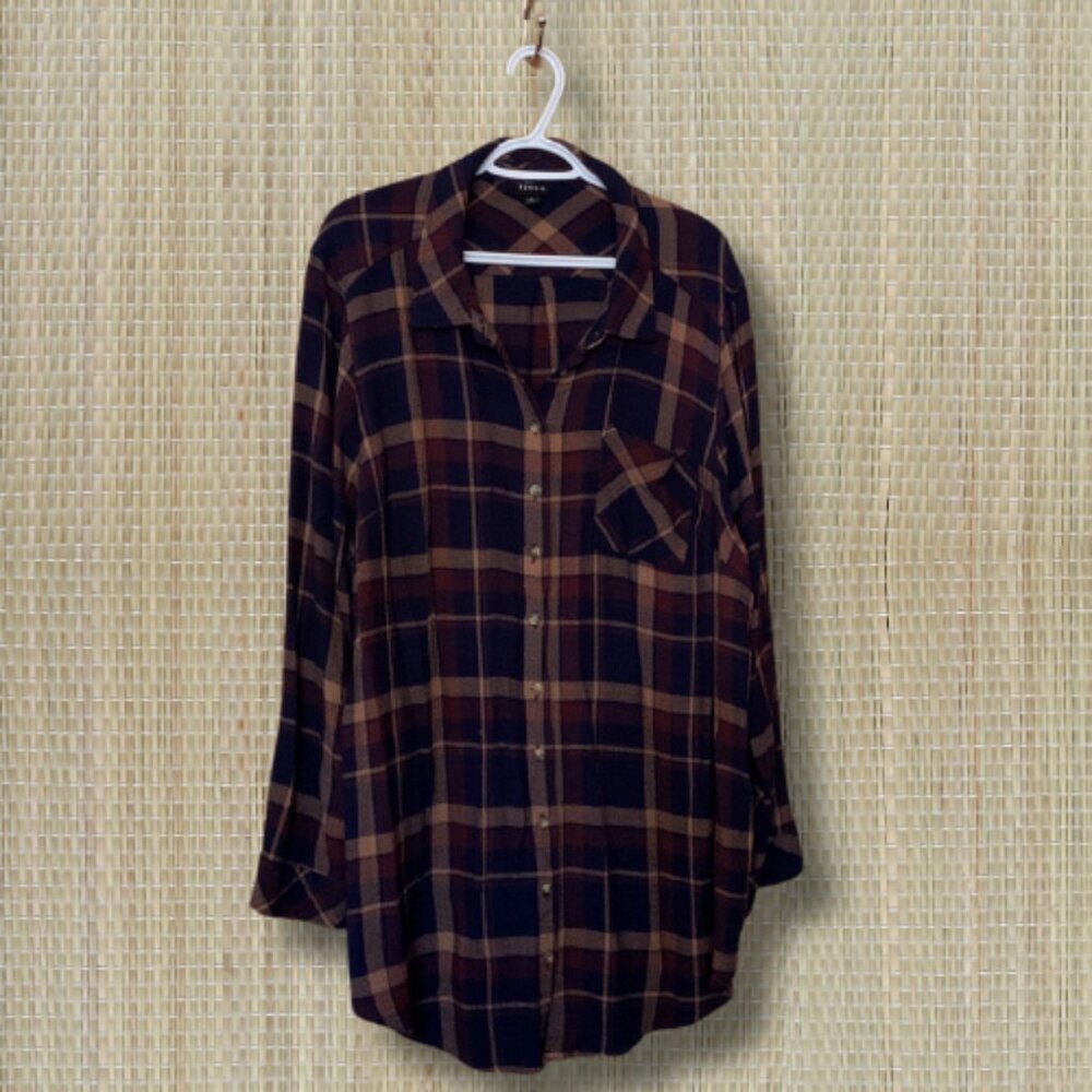 Torrid Blue and Brown Button Down Oversized Plaid Shirt
